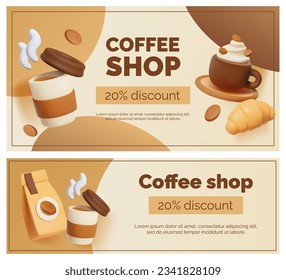 Banner for Coffee shop with 3D illustrations of a paper coffee cup, a cup of coffee, a croissant and coffee beans.