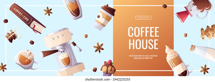 Banner for Coffee shop, Coffee house, cafe-bar, barista, drink concept. Vector illustration for poster, banner, flyer, advertising, commercial, promo, menu. 