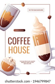 Banner for Coffee shop, Coffee house, cafe-bar, barista, drink concept. A4 vector illustration for poster, banner, flyer, advertising, commercial, promo, menu. 