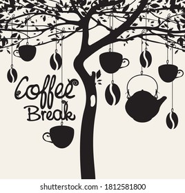 Banner for a coffee shop with the image of a tree on which hang cups, teapot, coffee beans and the inscription Coffee break. Decorative vector illustration