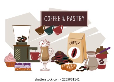 Banner for coffee shop or store with various coffee drink brewing supplies, hand drawn flat vector illustration isolated on white background