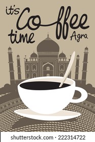 banner with coffee and view with picture of the Taj Mahal Vector de stock