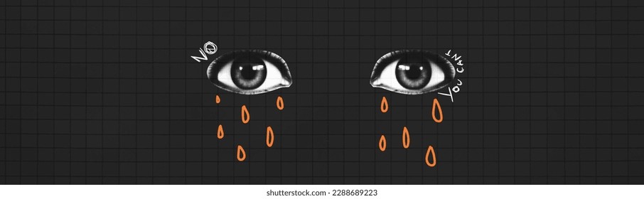 A banner with collage eyes and a doodle with tears. A concept on the theme of sadness and lack of faith in oneself. Disappointment. Texture background.  vector print with illustration  svg