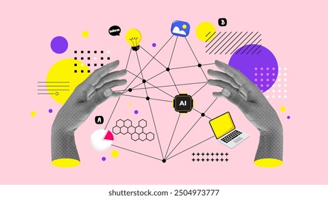 Banner collage of human hands manage daily. Handling halftone effect with doodles on pink background with hand drawn texture. Vector trendy illustration