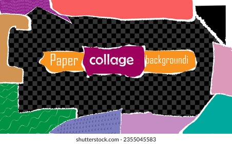 Banner collage with vintage paper element. Torn shapes craft notepad with drawing illustration. Vector illustration.