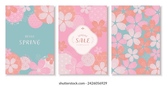 Banner collection with cherry blossom and Japanese pattern design. Vector illustration background.