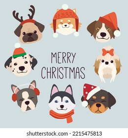 La colección de pancartas de perro lindo con navidad y accesorio de invierno al estilo vectorial plano. illustation sobre fiesta de navidad para gráficos, contenidos, banner, etiqueta de emoticones y tarjeta de saludo.