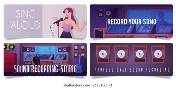 Coleção de banner com estúdio de gravação, cantor e equipamento, ilustração plana vetorial. Sala interior com instrumentos profissionais, personagem cantando em microfone, alto-falantes. Estilo de desenho animado. Texto.