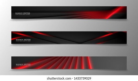 Banner collection, vector background with glowing neon red stripes in a dark room.