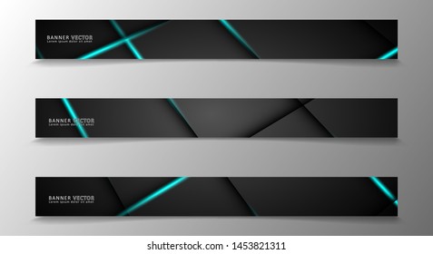 Banner collection, vector background with glowing neon blue stripes in a dark room.