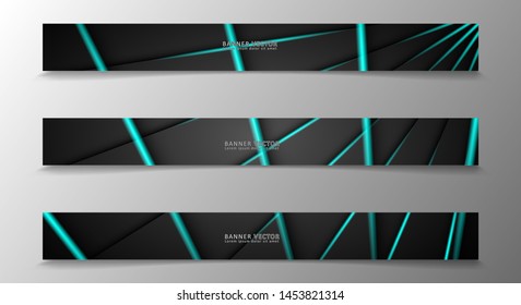 Banner collection, vector background with glowing neon blue stripes in a dark room.