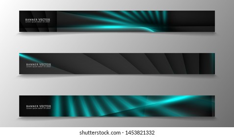 Banner collection, vector background with glowing neon blue stripes in a dark room.
