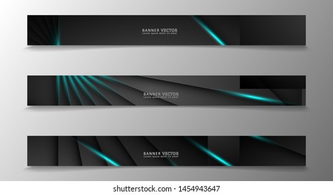 Banner collection, vector background with glowing neon blue stripes in a dark room.