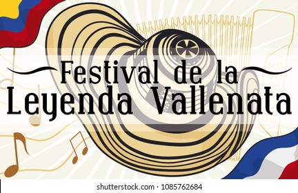 Banner with Colombia and Valledupar flags, musical notes, accordion and vueltiao hat; traditional elements for Colombian Vallenato Legend Festival (written in Spanish).