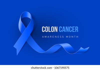 Banner mit Colon Cancer und Colo-rectal Cancer Awareness realistische Blue Ribbon. Design-Vorlage für Info-Grafiken oder Websites-Magazine auf blauem Hintergrund