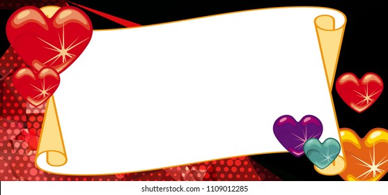 Banner with color background and sparkling hearts. Copy space. Vector clip art.