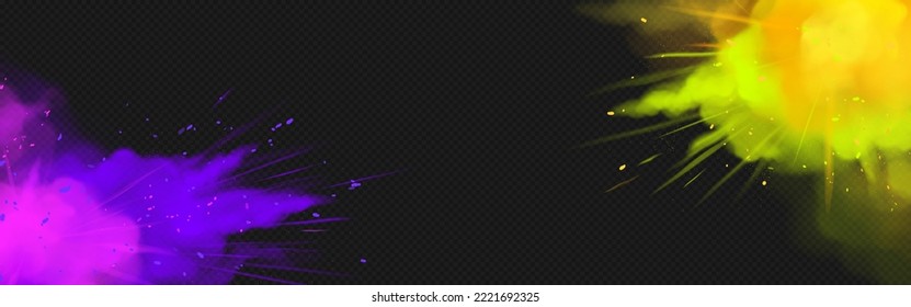 Banner with color powder bursts, splashes of yellow, pink and purple dust with particles. Vector horizontal poster with bright colorful smoke clouds, paints explosion on transparent background