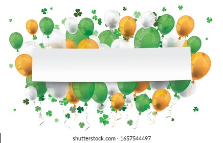 Banner with colored ballons and green shamrocks for St. Patrick's Day. Eps 10 vector file.