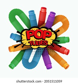 Banner with colorful anti stress sensory pop tube plastic toy. Fashionable modern sensory toy of 2021. Vector illustration 
