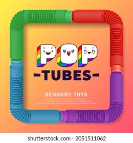 Banner with colorful anti stress sensory pop tube plastic toy. Fashionable modern sensory toy of 2021. Vector illustration 
