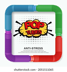 Banner with colorful anti stress sensory pop tube plastic toy. Fashionable modern sensory toy of 2021. Vector illustration 
