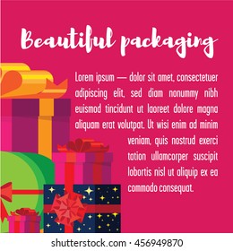 Banner with colorful, bright gift boxes.