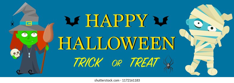 Banner with colorful cartoon object for Halloween on blue background.