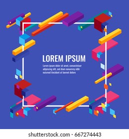 Banner with colorful constructions of different geometric shapes vector isolated on blue. Infographic poster with written text information and title