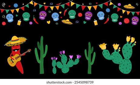 Banner colorful Day of the Dead illustration featuring a vibrant sugar skull decorated with flowers and traditional Mexican patterns, capturing the festive spirit of Dia de los Muertos