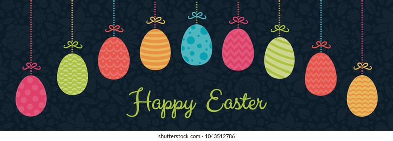 Banner with colorful Easter eggs on floral background with wishes. Vector.
