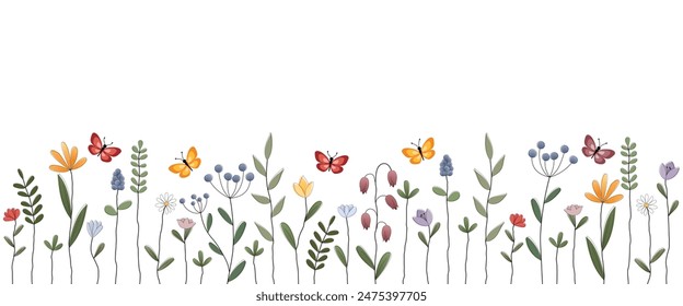 Banner mit bunten Blumen und Schmetterlingen. Freier Platz für Text.