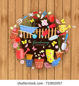 banner with colorful gardening tools and equipments on wooden background for your design