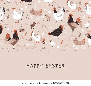 Banner Of Colorful Hen, Chicken, Chick, Rooster And Nest With Eggs. Chicken Farm. Cartoon. Cozy Vector Illustration. Happy Easter.