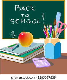 Banner colorful illustration with school supplies books apple and school board Suitable for new school year at school Vector