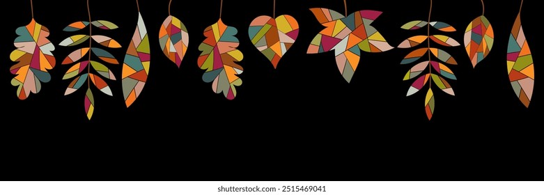 Banner with colorful leaves on a black background. Free space for text. Template for invitations, greetings, social media posts and advertising.