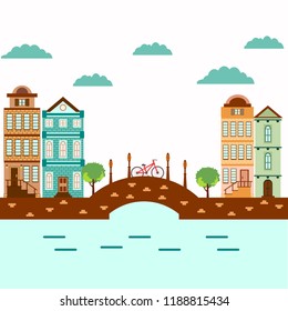 Banner colorful old city with of houses  in the water in flat style. European retro style building facades. Travel concept. Vector illustration. 