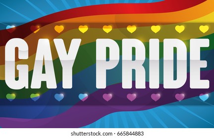 Banner with colorful rainbow flag and greeting translucent label with hearts for Gay Pride.