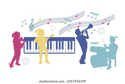 Banner with colorful silhouettes of children play music on various instruments and sing, flat cartoon vector illustration on white background.