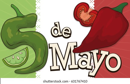 Banner with colors of Mexican flag made with traditional chili pepper of Puebla (also called poblano) like number five, lemon, red chili and tomato for Mexican Cinco de Mayo (written in Spanish).