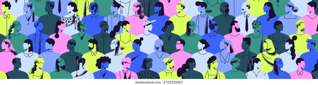 Banner mit buntem Publikum. Hintergrund mit abstrakten Männern und Frauen verschiedener Nationalitäten. Silhouetten der Gruppe von verschiedenen Menschen Profile. Moderne multiethnische Gesellschaft. Flache Vektorgrafik