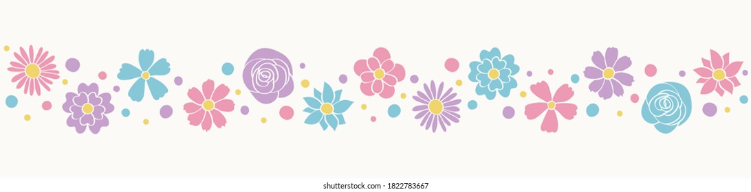 Banner with colourful flowers. Design of spring header. Mother’s Day, Women’s Day and Valentine’s Day decoration. Vector