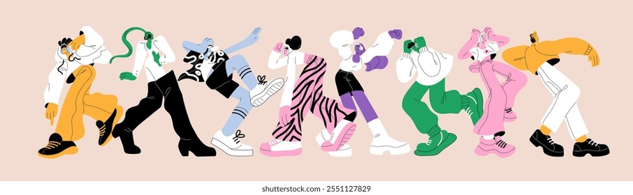 Banner with colourful happy dancers. Outline people in headphones listen to music and dance. Funny characters in earphones, headset perform, move to melody at the party. Flat vector illustration