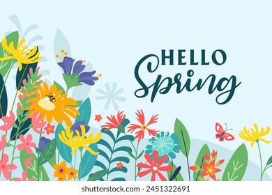 Banner with colourful meadow flowers, butterfly and bumblebee in vector, flat style.