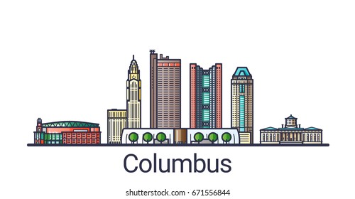 Banner of Columbus city in flat line trendy style. Columbus city line art. All buildings separated and customizable.