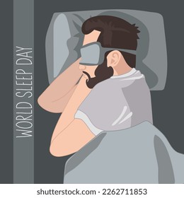 Banner comfortable sleep. A happy young man is fast asleep, he has a good dream. The man is lying in bed under a soft duvet and fast asleep. Sleep tight, sweet dreams concept. Vector illustration