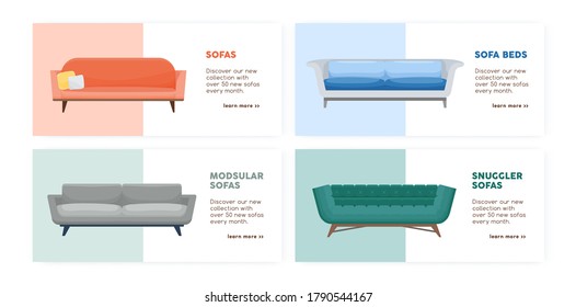 Banner of comfy modern couches set vector flat illustration. Collection of promo flyer with place for text. Stylish comfortable furniture of various types. Web advertising for store or shop isolated