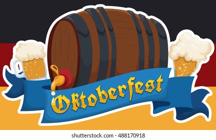 Banner with commemorative Germany flag with a keg and some beer mugs for Oktoberfest celebration.