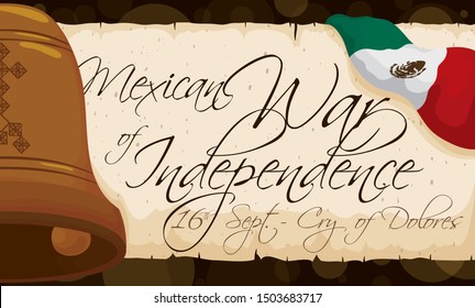 Banner with commemorative scroll, Mexican flag and Hidalgo's bell ready to celebrate Mexico's Independence Day (texts written in Spanish) in September 16.