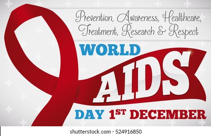 Banner commemorative for World AIDS Day with red ribbon and greeting text with some values and precepts.