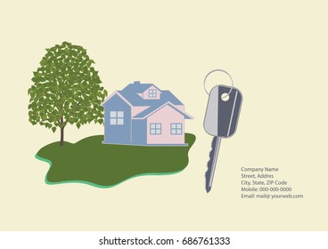 Banner Companies selling, buying, leasing real estate - cottage, key, contact details, tree, lawn - light background - art creative modern vector illustration